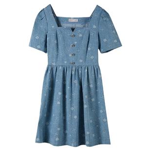 固执夏季新款法式方领短袖牛仔短款连衣裙32252LQ08140