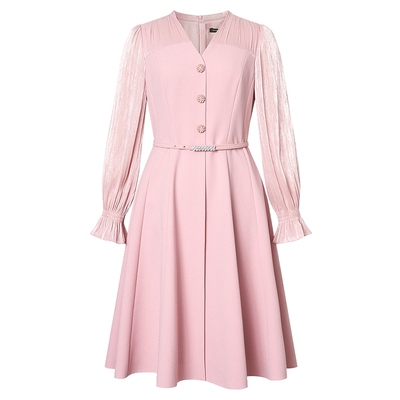 La Koradior拉珂蒂商场同款春季新款异材拼接气质优雅纯色连衣裙