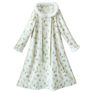 5折【觅秋裳】复古加绒加厚针织连衣裙女秋冬季新款连帽印花长裙