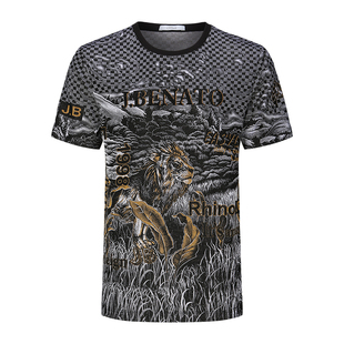 宾度男装春夏季男士植物未来景观元素提花烫钻短袖T恤男夏季上衣