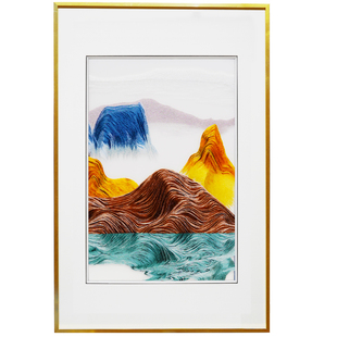 新中式写意山水纯手工刺绣金色山脉带框三联客厅沙发背景成品挂画