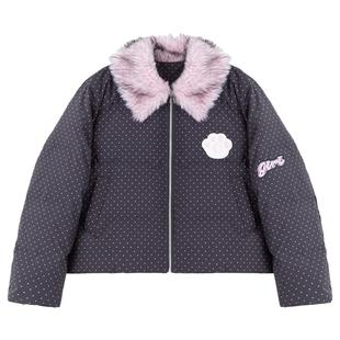 KEIKO 俏皮小波点毛领短款棉服棉袄冬季环保狐狸毛加厚外套面包服