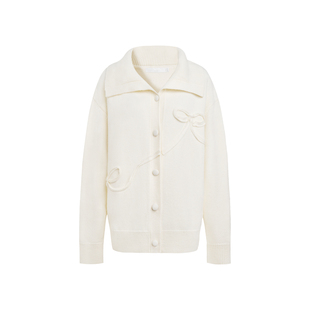 Kroche 慵懒休闲 绵羊毛 重工蝴蝶结盘带绣翻领针织开衫外套