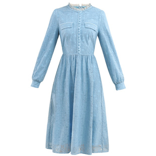 未风蓝色蕾丝加绒连衣裙女秋冬2025冬季新款女装打底内搭长袖裙子