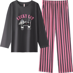 芬腾A类纯棉睡衣女春秋季长袖长裤大码秋天女款可外穿家居服套装