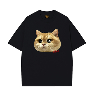 DREWESSFODGR趣味可爱猫咪印花短袖T恤男女同款宽松百搭纯棉上衣