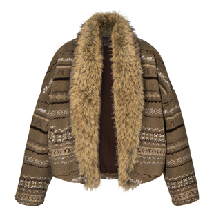 LEONSENSE力上司 复古费尔岛羊羔绒外套可拆毛领花苞型加绒夹克冬