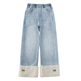 女童加绒裤子脚口羊羔毛直筒裤冬季加厚女孩超好看儿童窄版牛仔裤