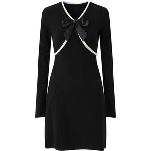 太平鸟收腰撞色针织裙女2025春新款小香风法式短款长袖V领连衣裙