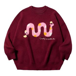 PSO Brand男装女装贪吃蛇圆领宽松红色毛衣冬季保暖针织衫毛线衣