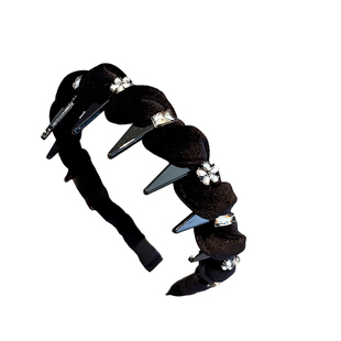 高级感丝绒水钻小花齿梳发箍黑色褶皱波浪头箍防滑带齿高颅顶发卡