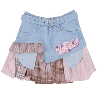 26春秋设计感解构不规则格子荷叶边拼接绣花A字牛仔裙短裙半身裙