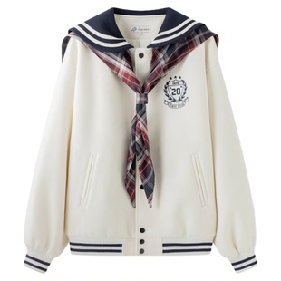 东京岁时记jk秋冬新款学院风米白色海军领棒球服短裙套装小个子女