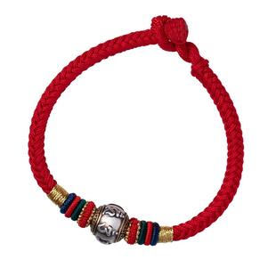 纯银六字真言马年本命年红绳手链转运珠编织手绳s925银平安情侣礼