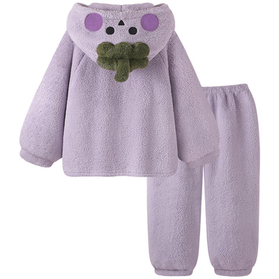 睡衣秋冬加厚珊瑚绒茄子保暖套装