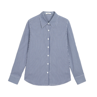 Maven Lin 高智M1U风 深蓝格纹长袖衬衫女白领通勤翻领格子衬衣