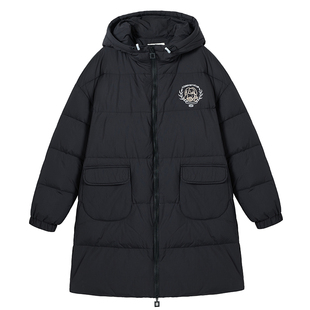 中长款羽绒服少女初中生学院风连帽女黑色加厚工装口袋防寒外套女