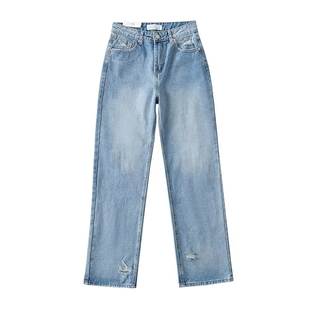 井也 后腿破洞牛仔裤2023夏新款复古辣妹风显瘦宽松高腰直筒裤女