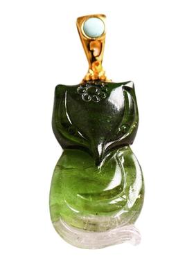 可爱巴西碧玺吊坠蓝绿色小狐狸