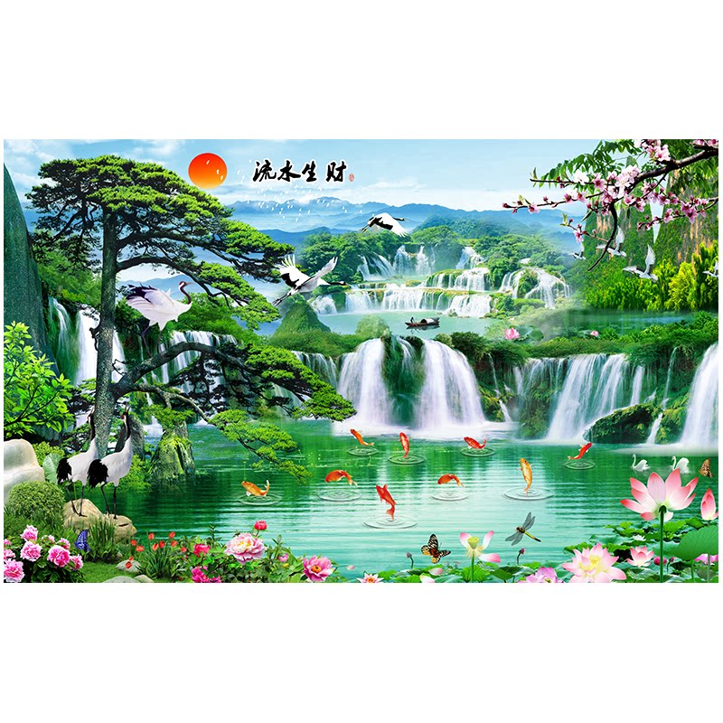 中式山水画流水生财海报贴纸墙纸