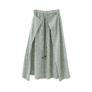 麻霖春夏新品21支汉麻小碎花松紧腰飘片系带半裙【风从山野来】