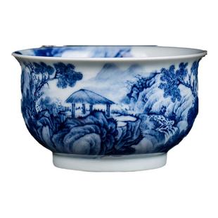 钟家窑主人杯单杯景德镇青花柴窑满工重工纯手绘观瀑图山水腰鼓杯