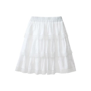 白色蓬蓬蛋糕短裙女夏季高腰大码显瘦胖mm遮胯小个子a字蕾丝纱裙