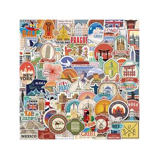 50张旅行涂鸦贴纸不重复风景复古邮票美式英文ins文艺卡通可爱手账笔记本电脑手机壳ipad相框diy装饰防水贴画