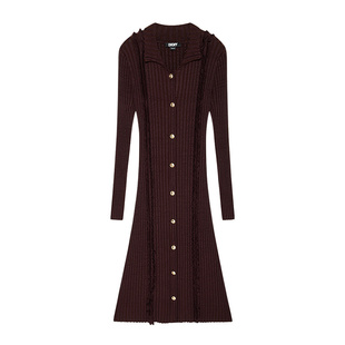 DKNY唐可娜儿秋冬款女装荷叶边竖条纹时尚美拉德流苏针织连衣裙