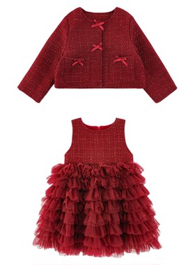 幼悠女童2025冬季新款绗棉保暖外套加绒加厚蛋糕裙小香风年服套装