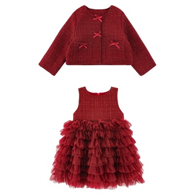 幼悠女童2025冬季新款绗棉保暖外套加绒加厚蛋糕裙小香风年服套装