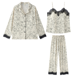 乐姿梦睡衣女士春季春秋款冰丝长袖吊带三件套甜美蕾丝印花家居服