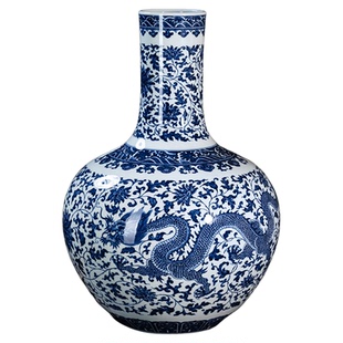 景德镇柴窑青花瓷缠枝龙凤天球瓶中式客厅高档摆件钟家窑陶瓷花瓶