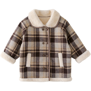 棉花堂儿童毛呢外套百搭秋冬新款女童大衣男童加厚款保暖格子外套