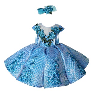 欣入荷新中式国风女童蓝色亮片刺绣公主蓬蓬裙演出歌唱主持礼服潮