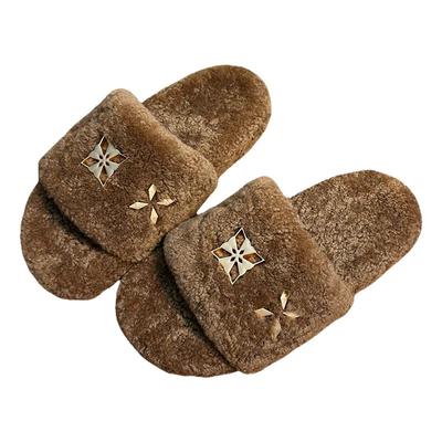 羊羔毛真皮金属厚底毛毛拖鞋女