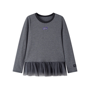 漫画家【泡泡芭蕾T】女童T恤芭蕾风经典条纹网纱拼接长袖打底衫