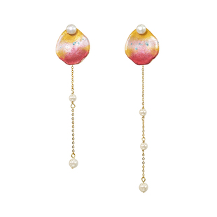 绘间手绘【海霞之歌-珍珠流苏】法式粉色少女浪漫礼物仙耳环耳夹