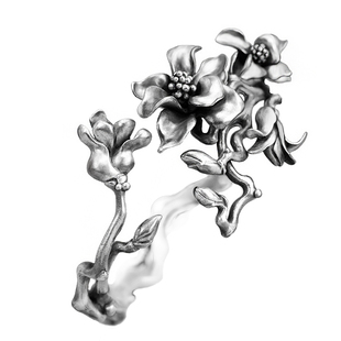 《归日》九九倾城原创/古典玉兰花银手镯/国风重工手工纯银手镯女