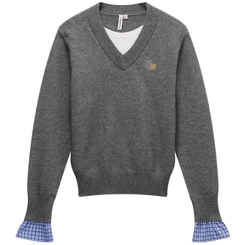 美特斯邦威毛衣女秋季新款潮流休闲V领假两件花边长袖毛衫女