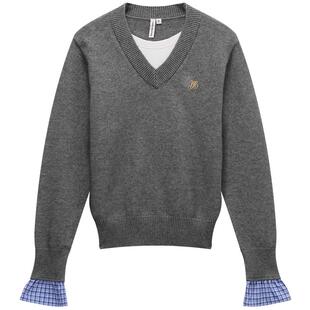 美特斯邦威毛衣女秋季新款潮流休闲V领假两件花边长袖毛衫女