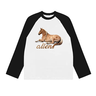 local aliens外星沙龙美式复古小马印花插肩长袖宽松圆领打底t恤