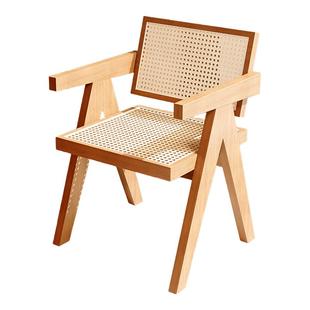 实木餐椅家用靠背餐桌椅中古风昌迪加尔扶手椅茶桌主人椅藤编椅子