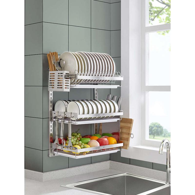 304不锈钢碗架沥水架家用双层壁挂式厨房置物架收纳盒晾放碗碟架