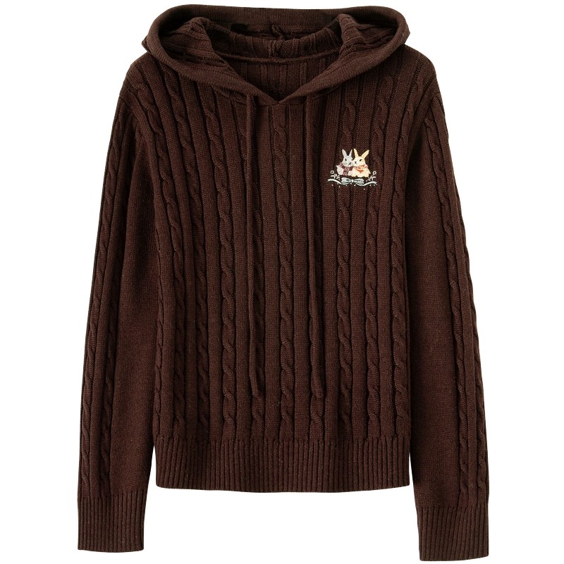 【绵羊毛】BANANA BABY2025年冬新款复古小兔刺绣连帽毛针织衫女