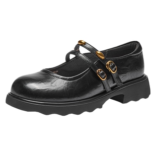 热风粗跟玛丽珍鞋女2026年春季新款百搭黑色女鞋配裙子休闲鞋子