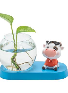 绿萝水培花盆花瓶透明玻璃插花花器客厅办公桌装饰品家居卡通摆件