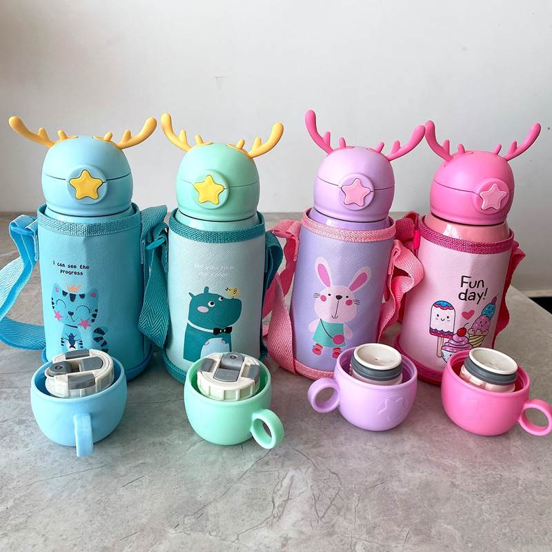 316不锈钢保温杯批发儿童保温吸管学生杯水杯幼儿园鹿角壶真空瓶