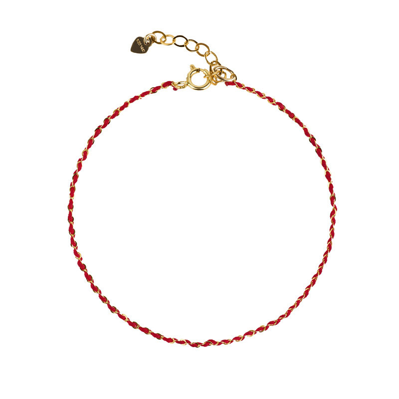 庆祥泰14k极细手工编织红手绳手链女士本命年红色情侣生日送礼物