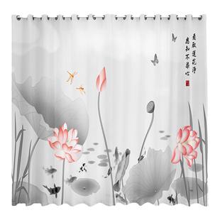 新中式禅意荷花窗帘2026新款莲花佛堂国风客厅风景山水画隔断纱帘